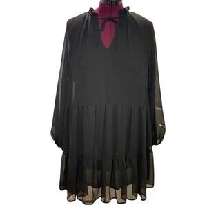 Sheer‎ Black Babydoll Mini Dress Ruffle Neck Tiered Chiffon Witchy Whimsygoth M